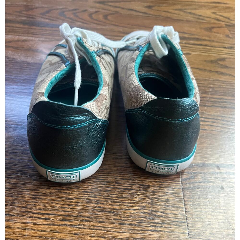 Coach Barrett womens brown signature logo sneakers with green trim Sz. 9 - Picture 4 of 7